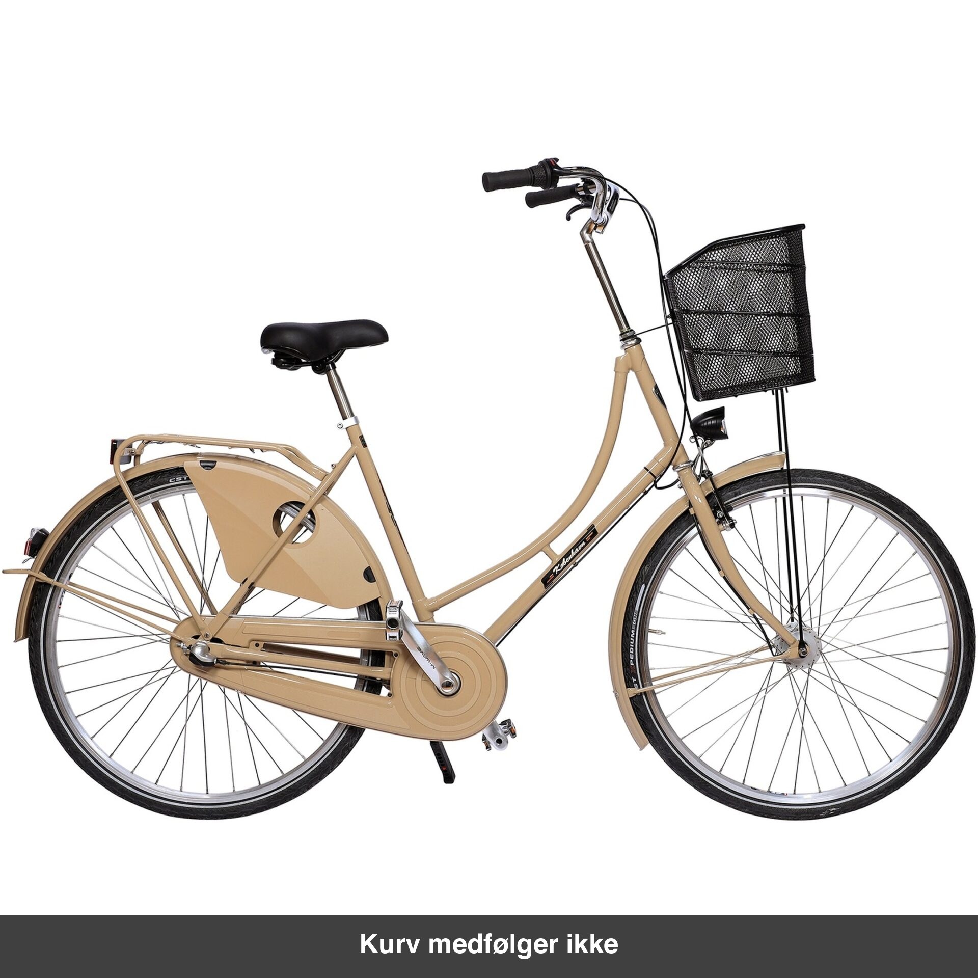 København Damecykel Cappuccino med sort metalkurv. Kurven medfølger ikke