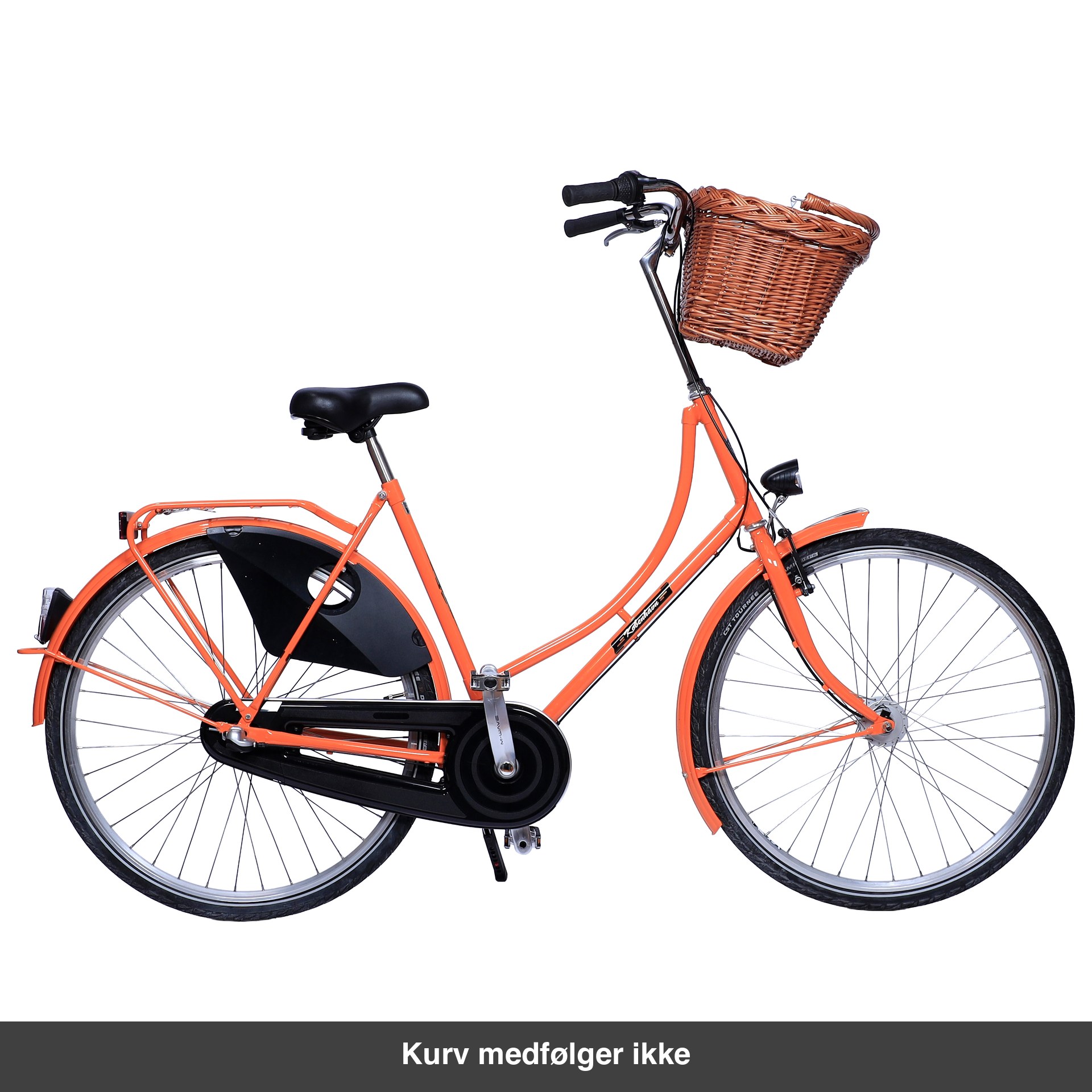 København Damecykel Orange med fletkurv. Kurven medfølger ikke