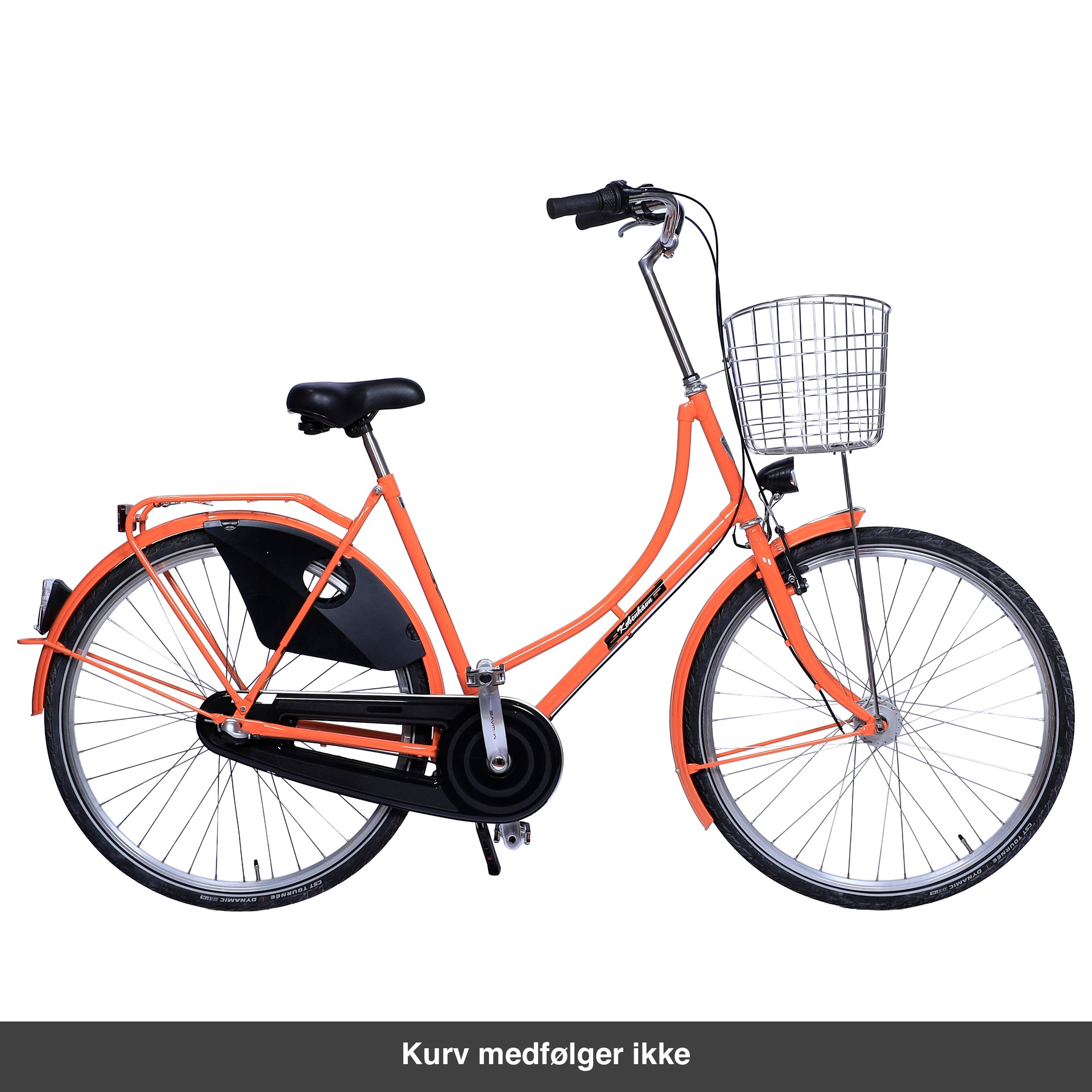 København Damecykel Orange med høj metalkurv. Kurven medfølger ikke