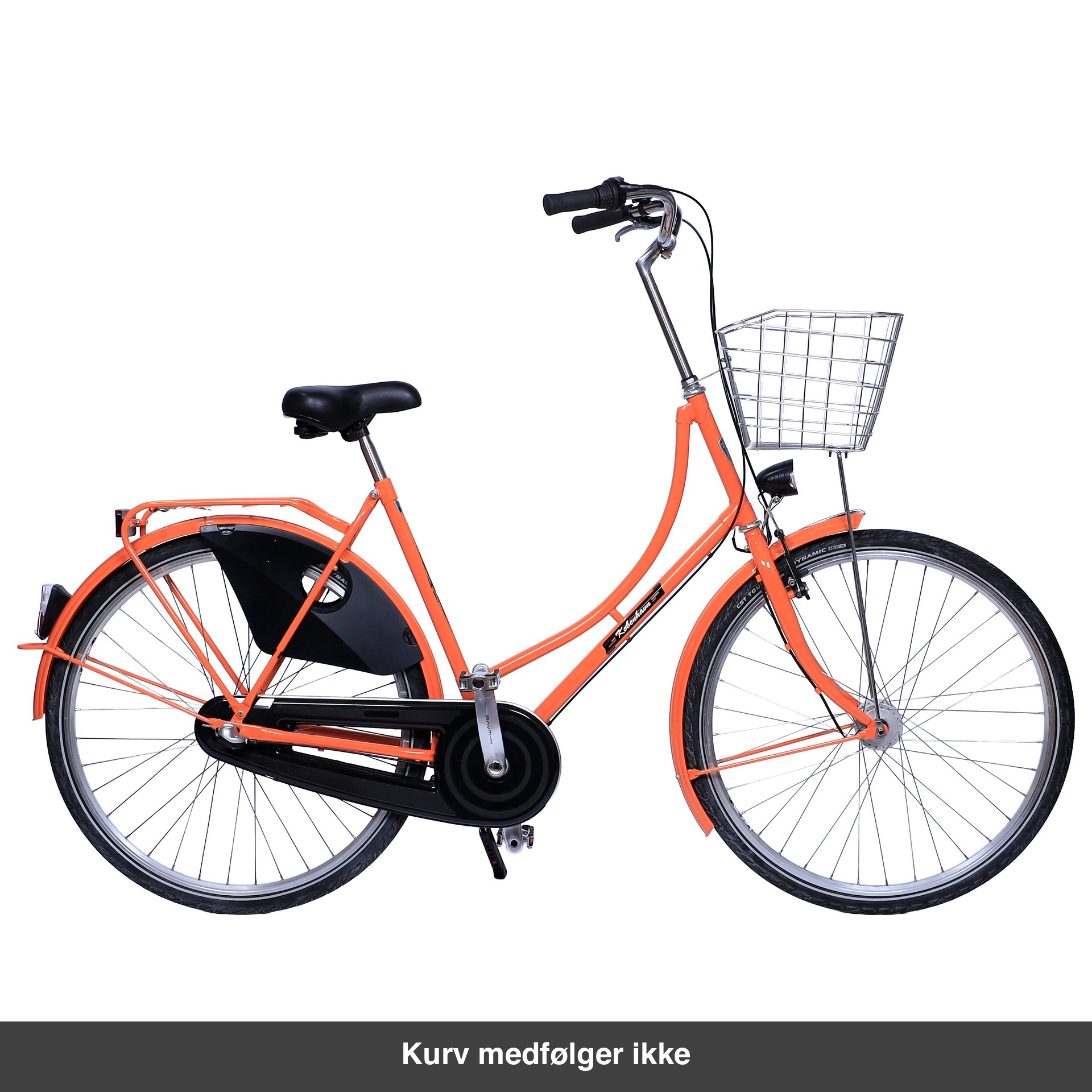 København Damecykel Orange med lav metalkurv. Kurven medfølger ikke
