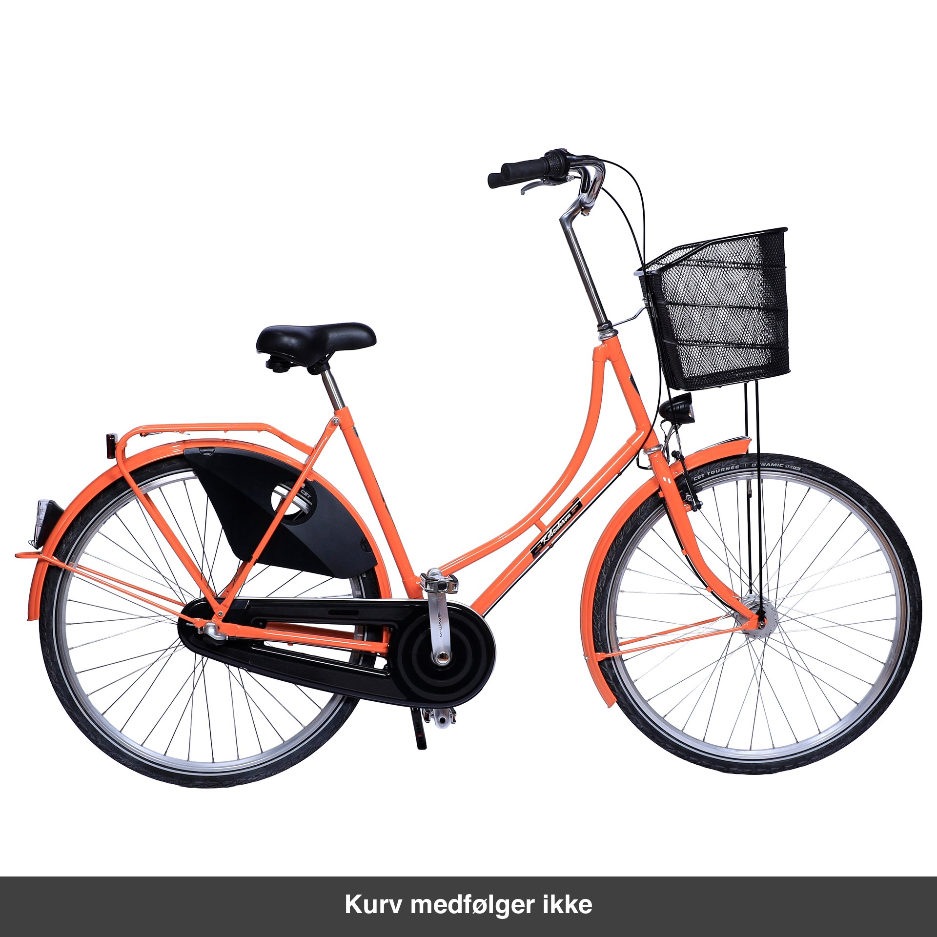 København Damecykel Orange med sort metalkurv. Kurven medfølger ikke